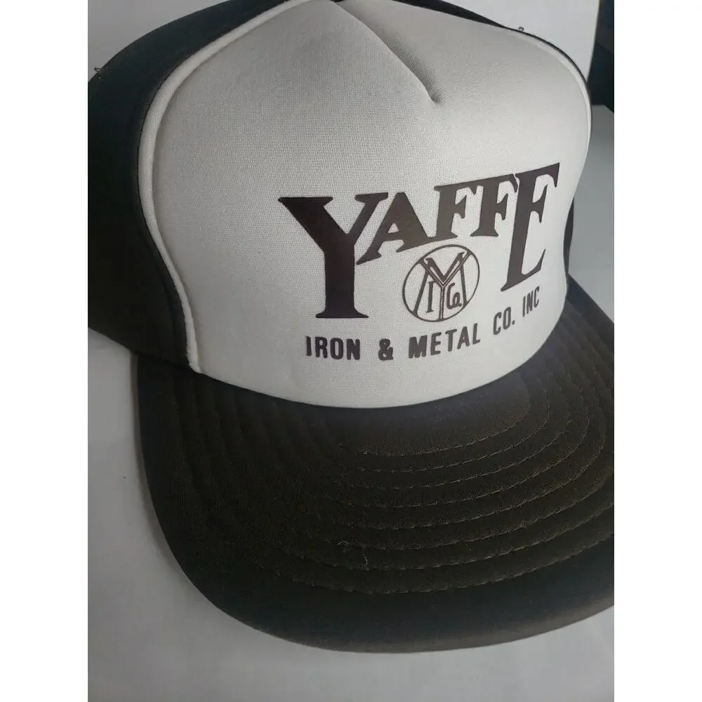 Vintage 80s Yaffe Iron & Metal Hat Cap Snapback White Brown Foam Trucker Hat